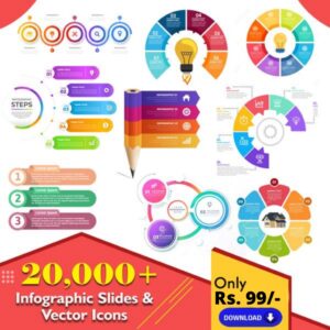 Collection of infographic slides and vector icons with over 20,000 designs for presentations and projects
