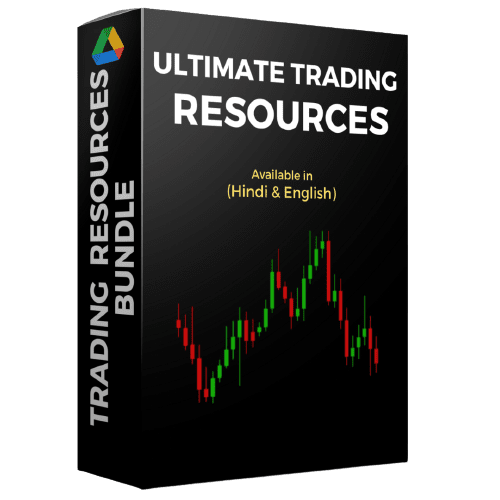 Trading resources bundle with stock market chart, available in Hindi and English