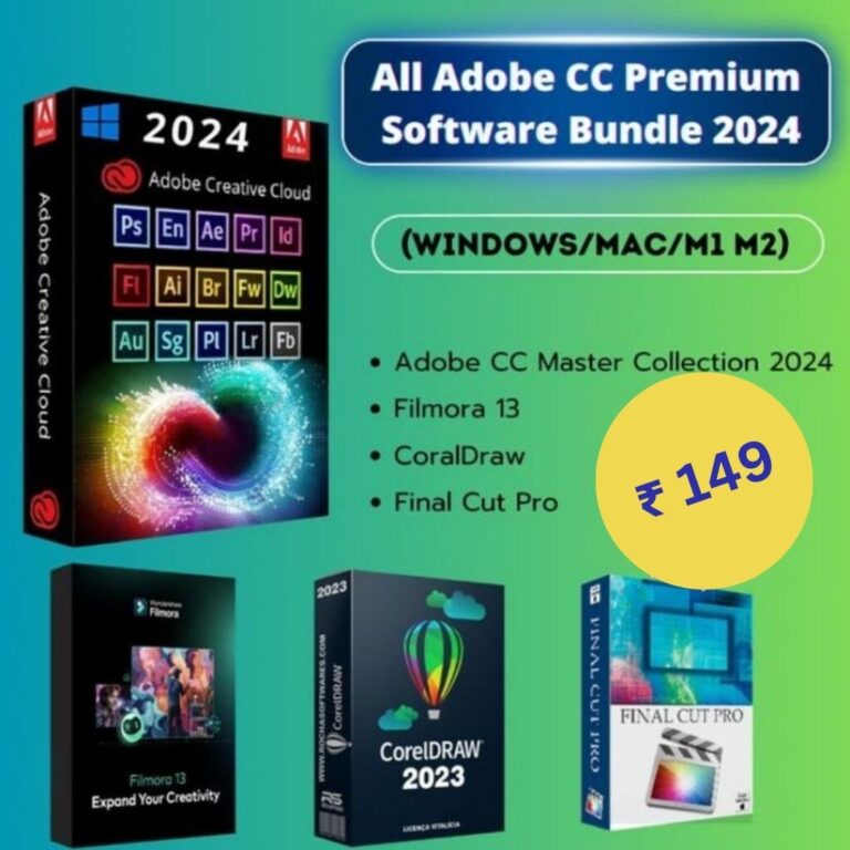 All Adobe CC 2024 Premium Software Bundle for Windows, Mac, M1, M2. Includes Filmora 13, CorelDraw 2023, Final Cut Pro. Digital download.