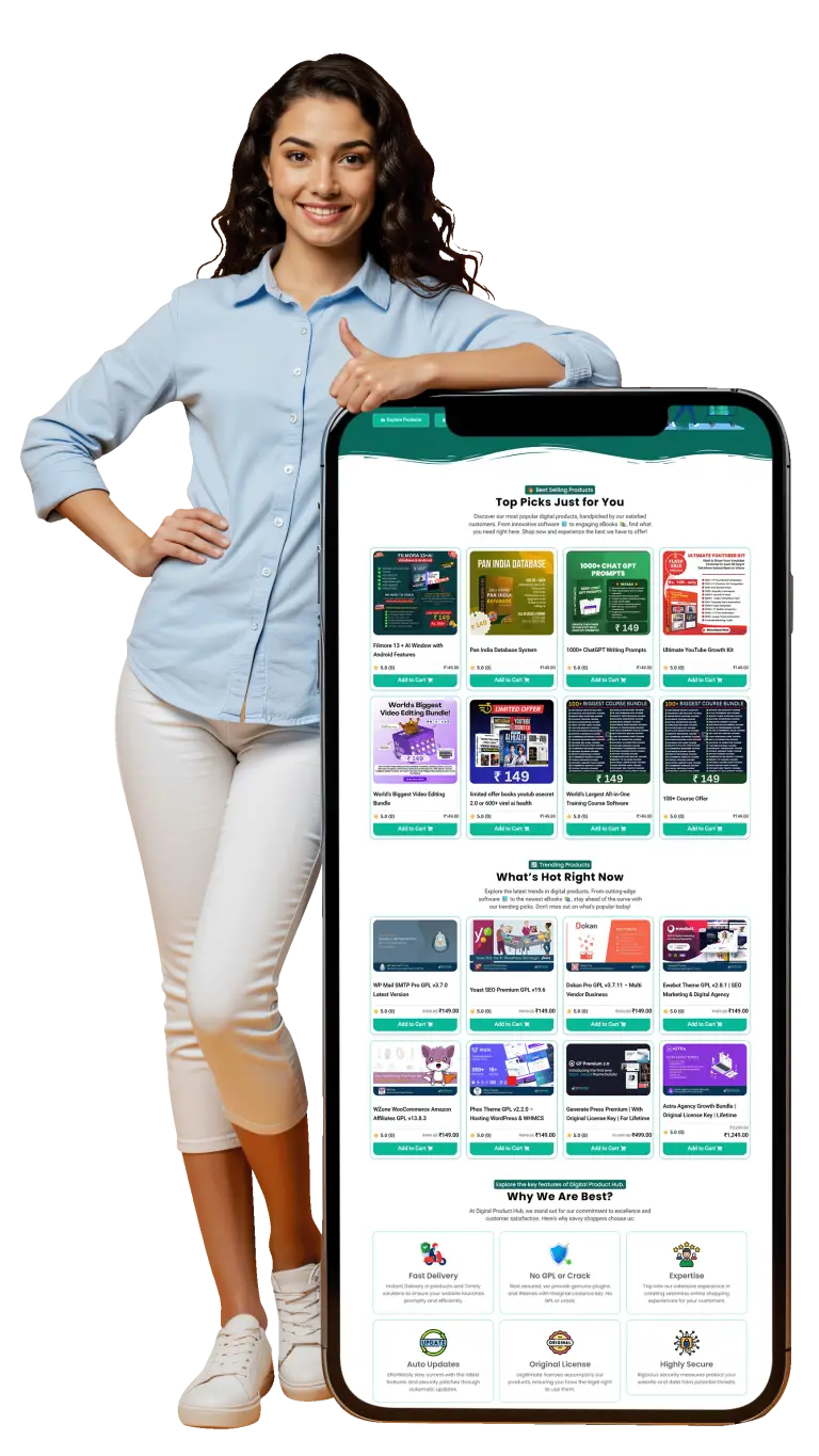 Smiling woman showing mobile screen with top-selling digital products list