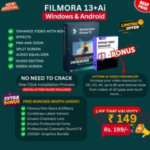 Filmora 13+ AI video editor software for Windows and Android with effects, green screen, pan & zoom, audio tools, and exclusive bonuses