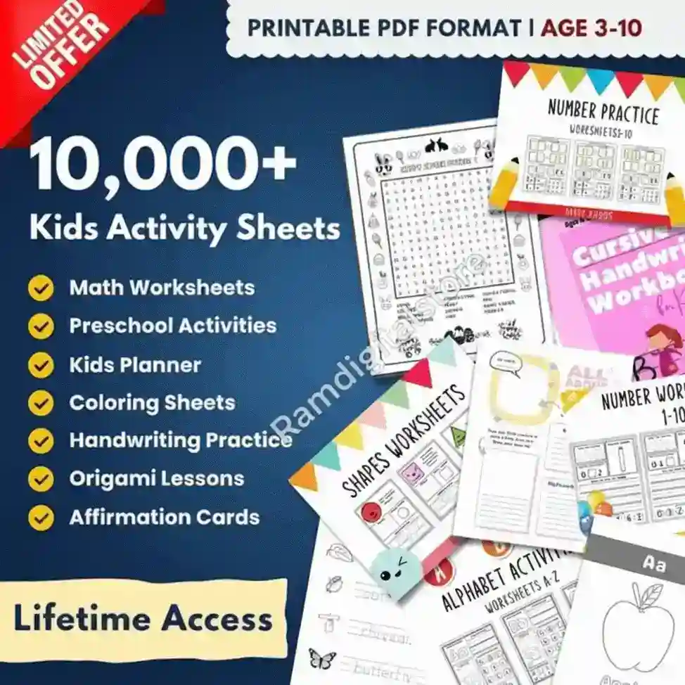 10000+ Kids Activity Sheets Bundle - Printable Math, Preschool, Coloring, Cursive Handwriting Worksheets for Age 3-10 with Lifetime Access