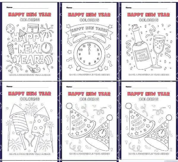 New Year colouring pages for kids free printable 7 page PDF eBook