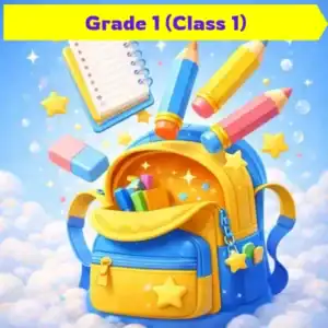 Grade 1 worksheet bundle ke liye 3D school bag image jisme pencils aur notebook ud rahe hain.