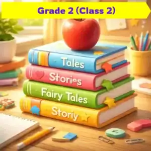 Grade 2 reading activities ke liye colorful storybooks ka stack jiske upar ek laal seb (apple) rakha hai.