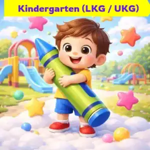 Kindergarten LKG UKG worksheet bundle ke liye cute 3D cartoon kid with crayon.