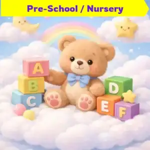 Cute teddy bear with alphabet blocks ABC learning for pre-school and nursery kids