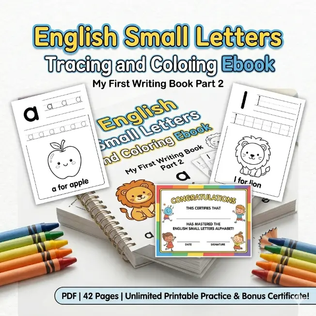 My First Writing Book Part 2 Small Letters Tracing and Coloring ebook mockup with bonus completion certificate.
