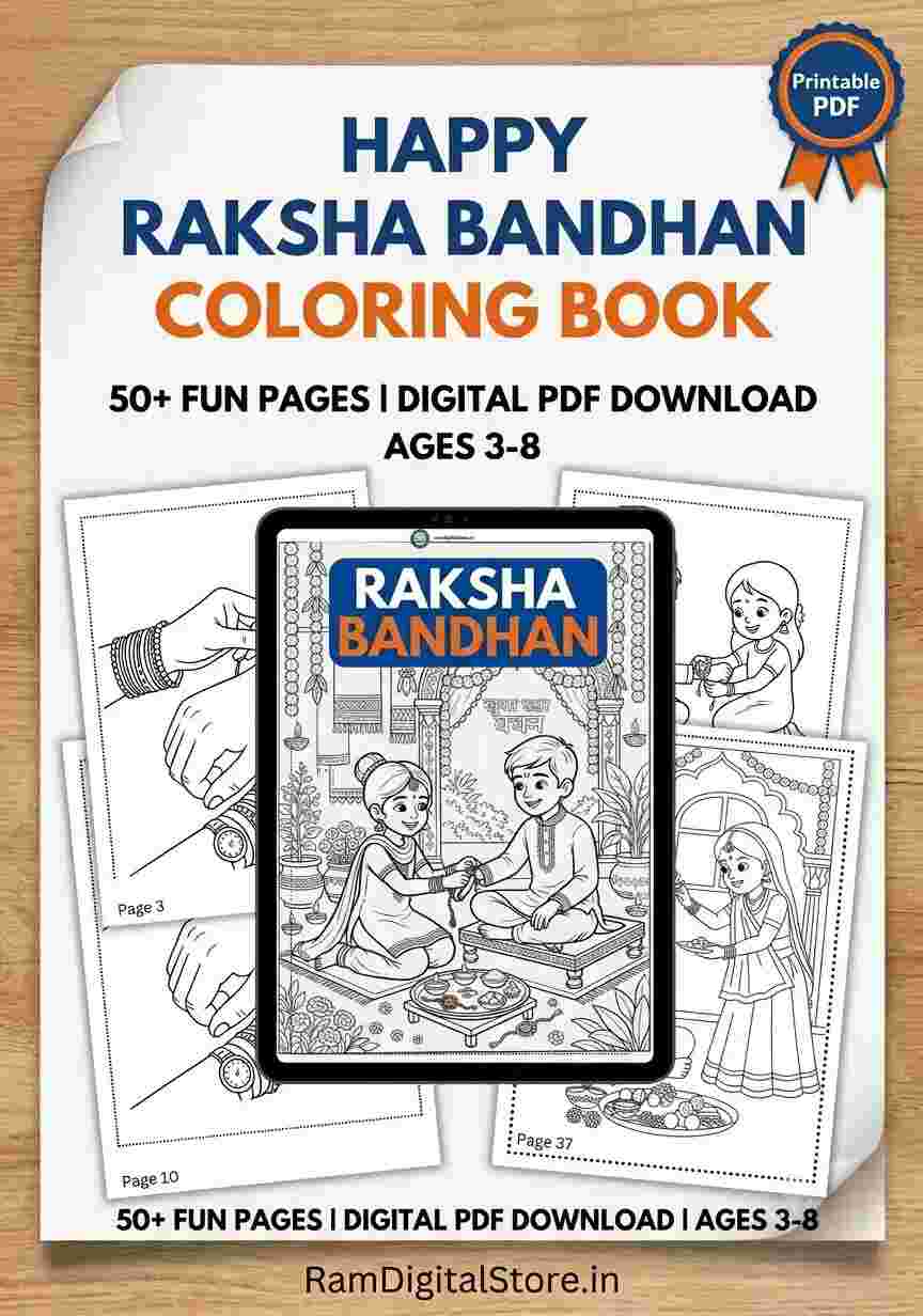 Happy Raksha Bandhan coloring book printable PDF mockup for kids ages 3 to 8