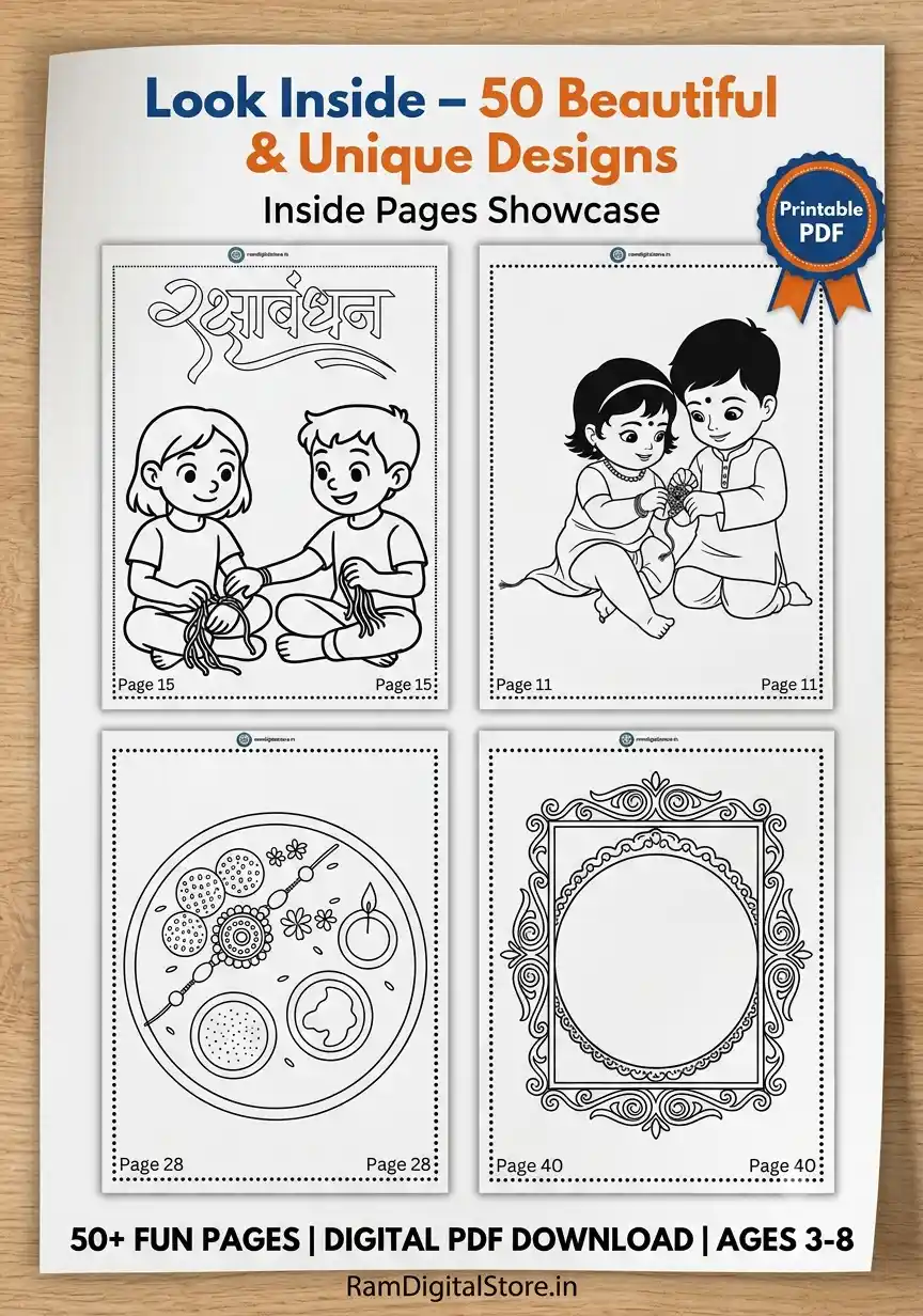 Inside pages preview of Raksha Bandhan coloring worksheets for children showcasing beautiful traditional designs
